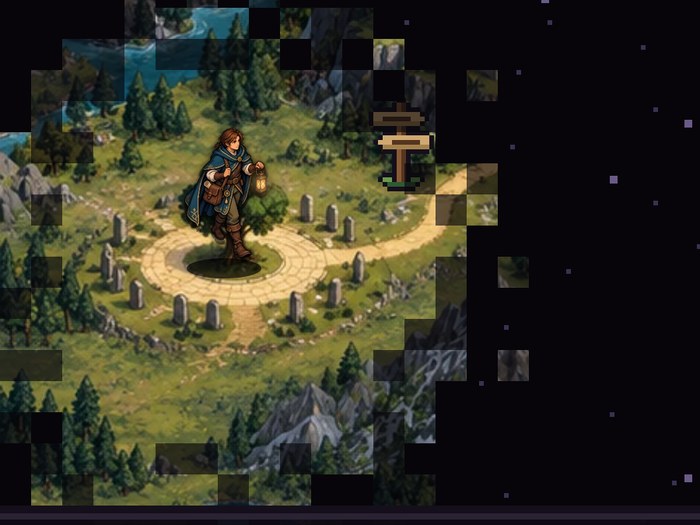 Pixel-art hero on an illuminated forest clearing, from the opening slide of the Nowy Świat lecture