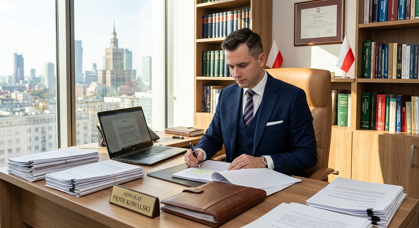 Obraz wygenerowany przez Gemini: mężczyzna w garniturze przy biurku pisze na dokumentach, za oknem Warszawa z Pałacem Kultury, na biurku tabliczka Adwokat Piotr Kowalski